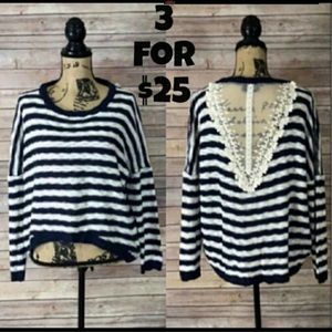 Katsumi Knit Stripe Blue White Mesh Accent Top S/M